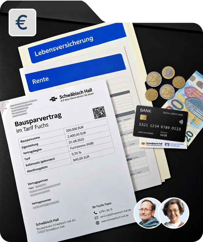 Ein Stapel Finanzdokumente neben einer Kreditkarte und Geld.