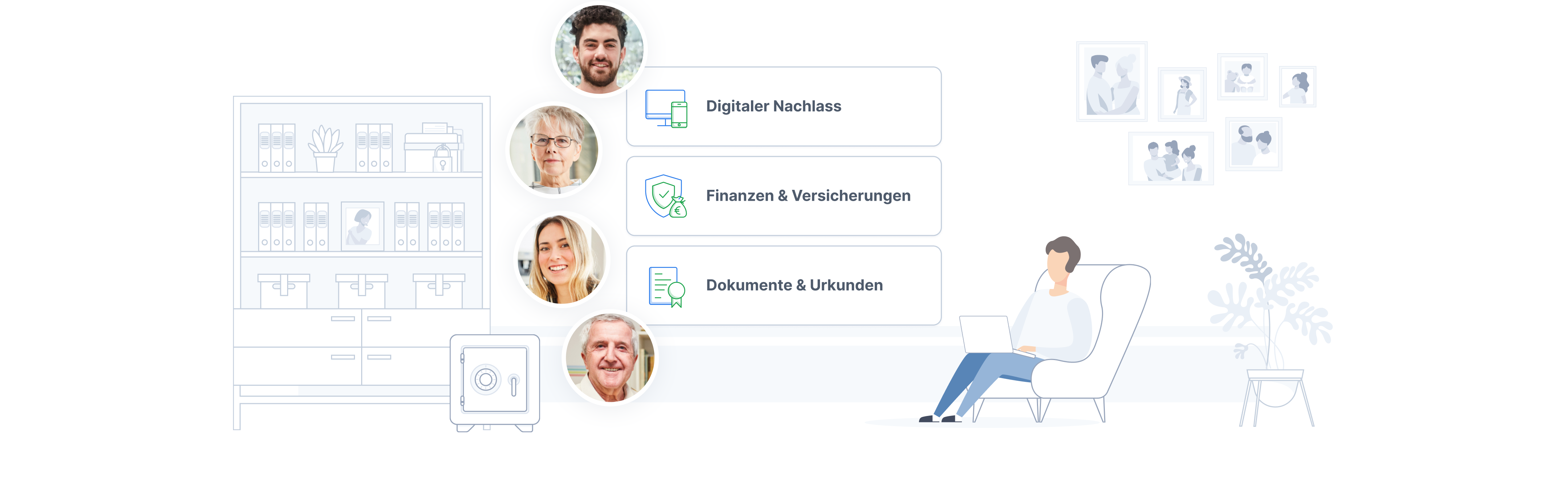 Eine Illustration mit einer Person, die mit einem Laptop auf einem Sessel sitzt. Über ihr sind drei Buttons aus der Afilio Anwendung: „Digitaler Nachlass“, „Finanzen & Versicherungen“ und „Dokumente & Urkunden“