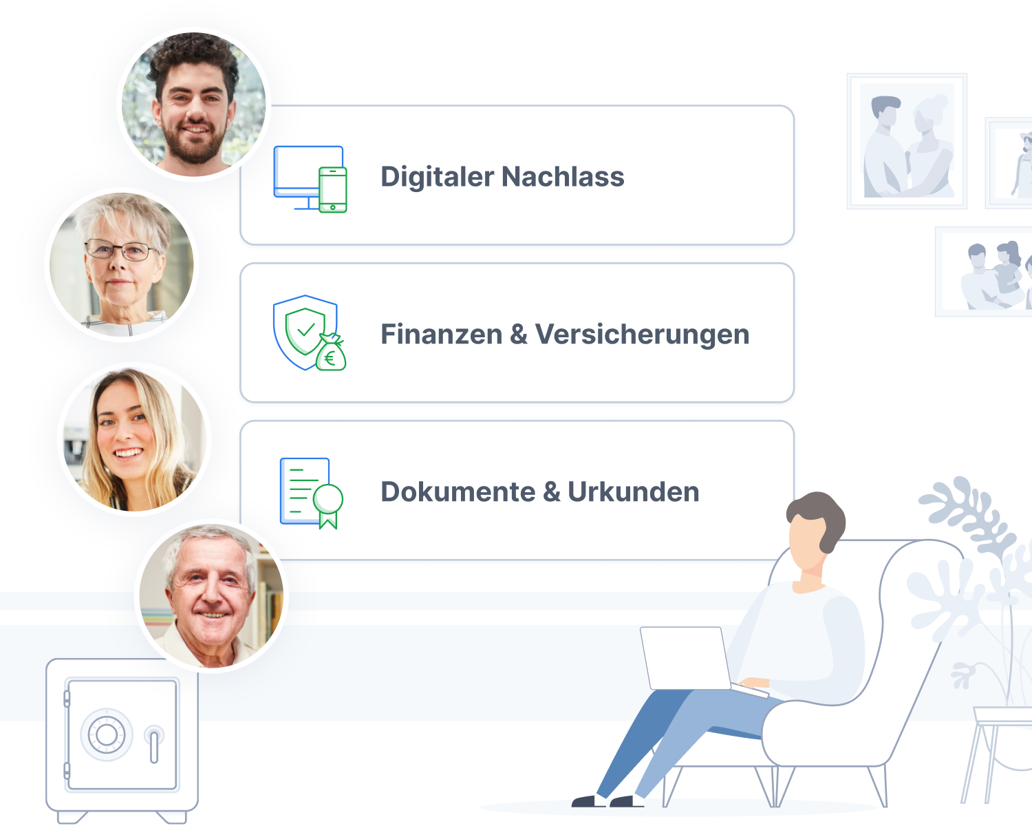 Eine Illustration mit einer Person, die mit einem Laptop auf einem Sessel sitzt. Über ihr sind drei Buttons aus der Afilio Anwendung: „Digitaler Nachlass“, „Finanzen & Versicherungen“ und „Dokumente & Urkunden“