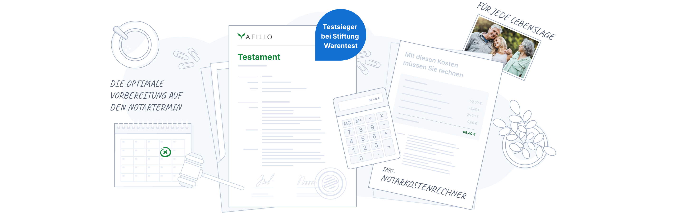 Eine Illustration auf der unter anderem ein Testament zu sehen ist. Neben dem Testament steht „Die Optimale Vorbereitung auf den Notartermin - inkl. Notarkostenrechner“