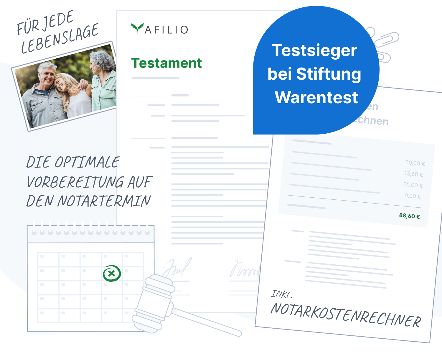 Eine Illustration auf der unter anderem ein Testament zu sehen ist. Neben dem Testament steht „Die Optimale Vorbereitung auf den Notartermin - inkl. Notarkostenrechner“